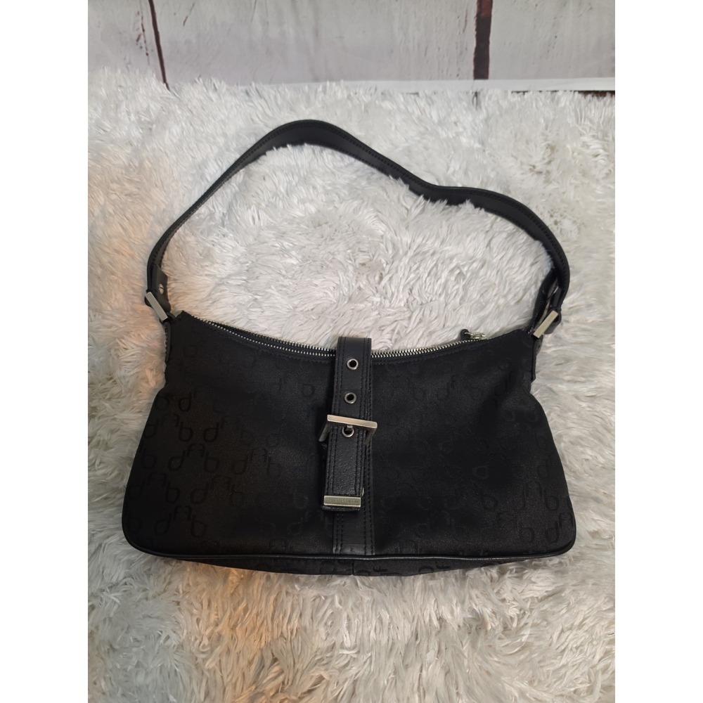 Francesco Biasia Black Monogram Jacquard Leather Trim Shoulder Bag Buckle Detail